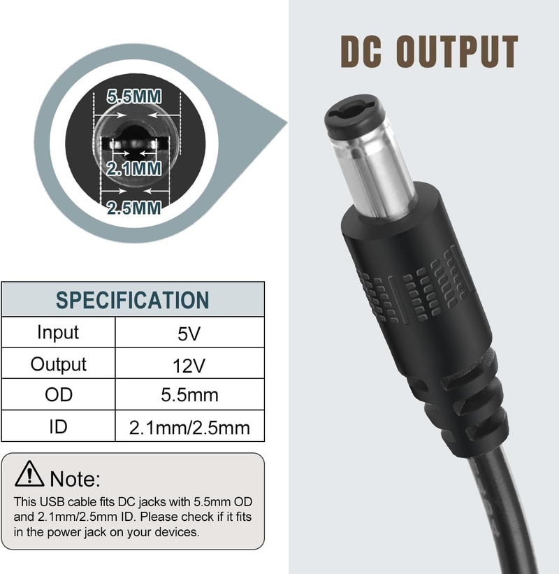 Lenink 12V USB Power Adapter Cord for Baby Car Camera with Inline Switch, 2 Packs 5V to DC 12V Voltage Step Up Converter Boost Cable for Powering Dash Cam, GPS, Router, Small Devices - Image 4